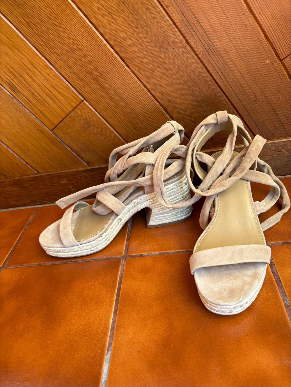 Vince Camuto Beige Suede Lace-Up Espadrille Sandals